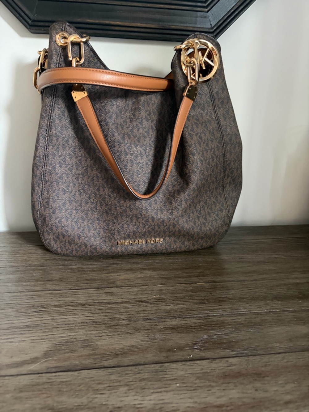 Michael Kors Brown Logo Hobo Bag with Tan Leather Trim and Gold Hardware